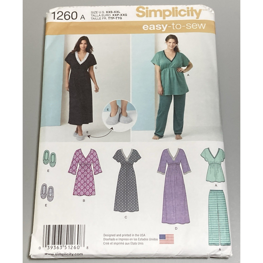 Simplicity 0472/1260 Misses Nightgown Pajamas & Slippers Sz XXS-XXL UNCUT